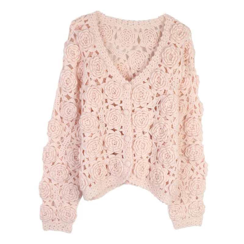 

Jastie Heavy Industry White Pink Handmade Rose Flower Knitted Cardigan Women 2024 Autumn And Winter New Mohair Sweater Jacket