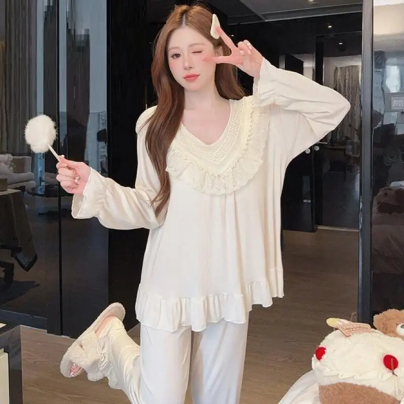 

Hot Girl Cotton V-Neck Pajamas Sets Princess Sexy Long Sleeve Lace Loose Spring Autumn Clothes Sleeping Wear Girl's Gift New