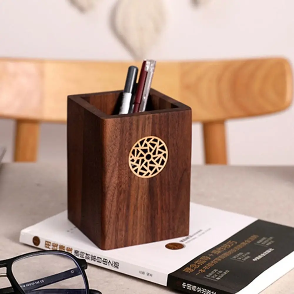 

Desk Organizer Multiple Use Wooden Pen Holder Vintage Square Shape Wooden Pencil Box Black Walnut Practical Pen Container Home