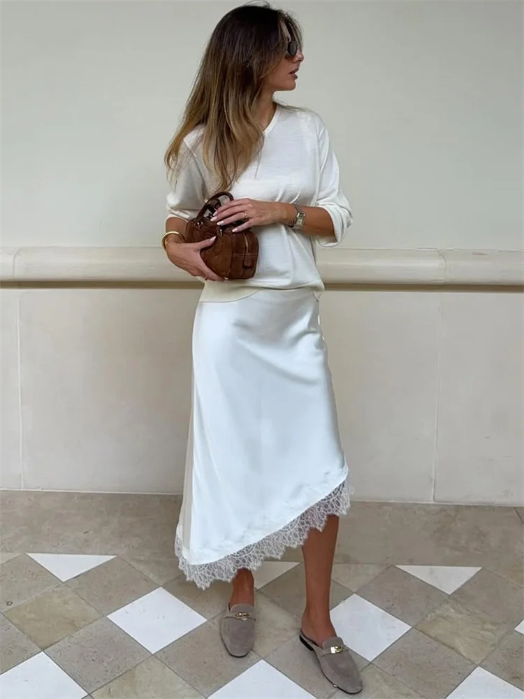 Tossy White Lace Patchwork Long Skirt For Women Slim High Waist Elegant Commute Printed Party Looks Clothes Female Maxi Skirts