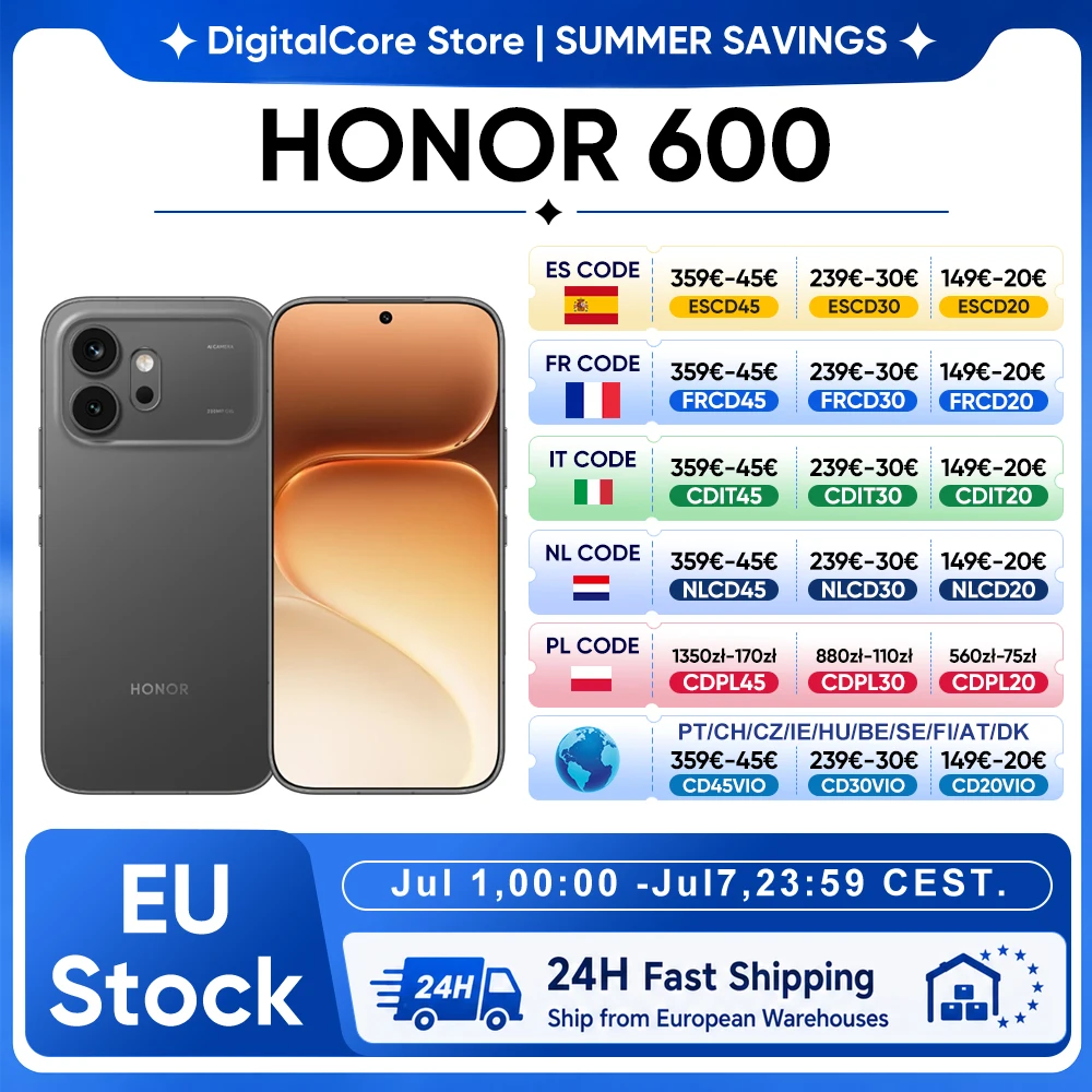 HONOR 600 5G Smartphone Versión EU Snapdragon 7 Gen4 Pantalla AMOLED de 6.57” 6400mAh 80W SuperCharge 8GB+256GB/512GB Cámara Ultra Nocturna con IA de 200MP Diseño Unibody de Metal NFC IP68