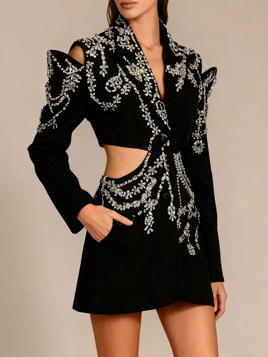 سترة VGH الراقية للولائم مقسمة بالألماس للنساء مع طية صدر السترة وأكمام طويلة سترة مفرغة مصممة معطف متوسط الطول للسيدات