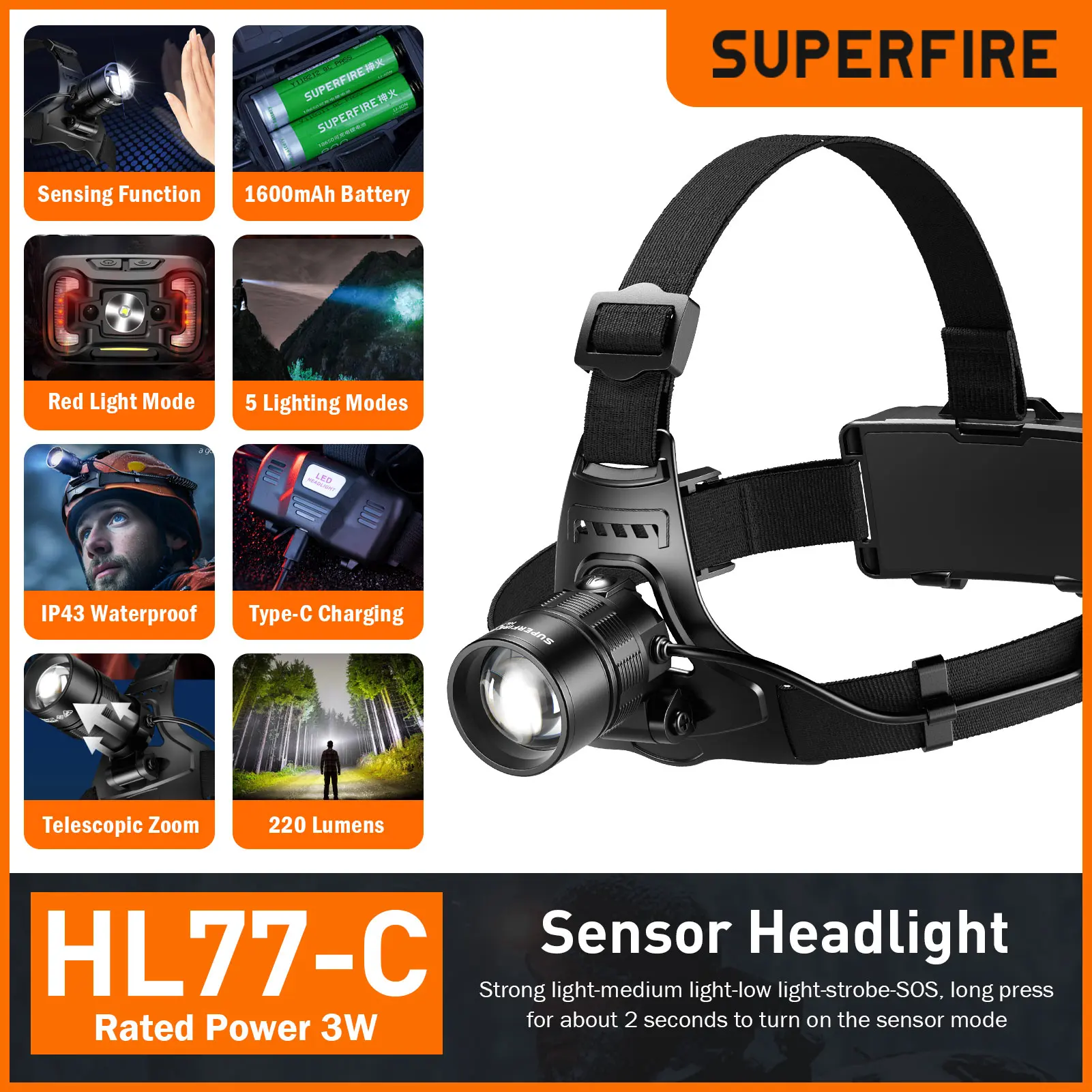 

SUPERFIRE HL77-C Headlamp USB Rechargeable 18650 Head Torch Flashlight Zoom Sensor Headlight Outdoor Waterproof Work Head Lamp
