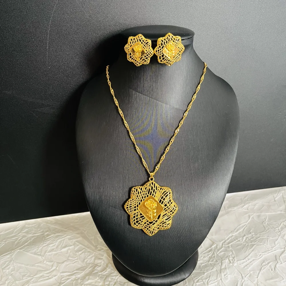 

3PCS Nigerian Jewelery Set Wedding Jewelry For Women Dubai 24K Gold Color Jewlery African Designer Earrings Bridal Necklace