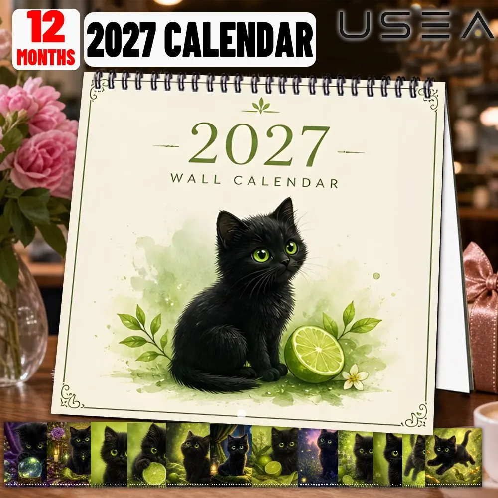 2027 Wall Calendar, Month Yearly Organizer,Large Writable Blocks,Aesthetic Black Cat Botanical Decor,Gift for Mom Women Coworker