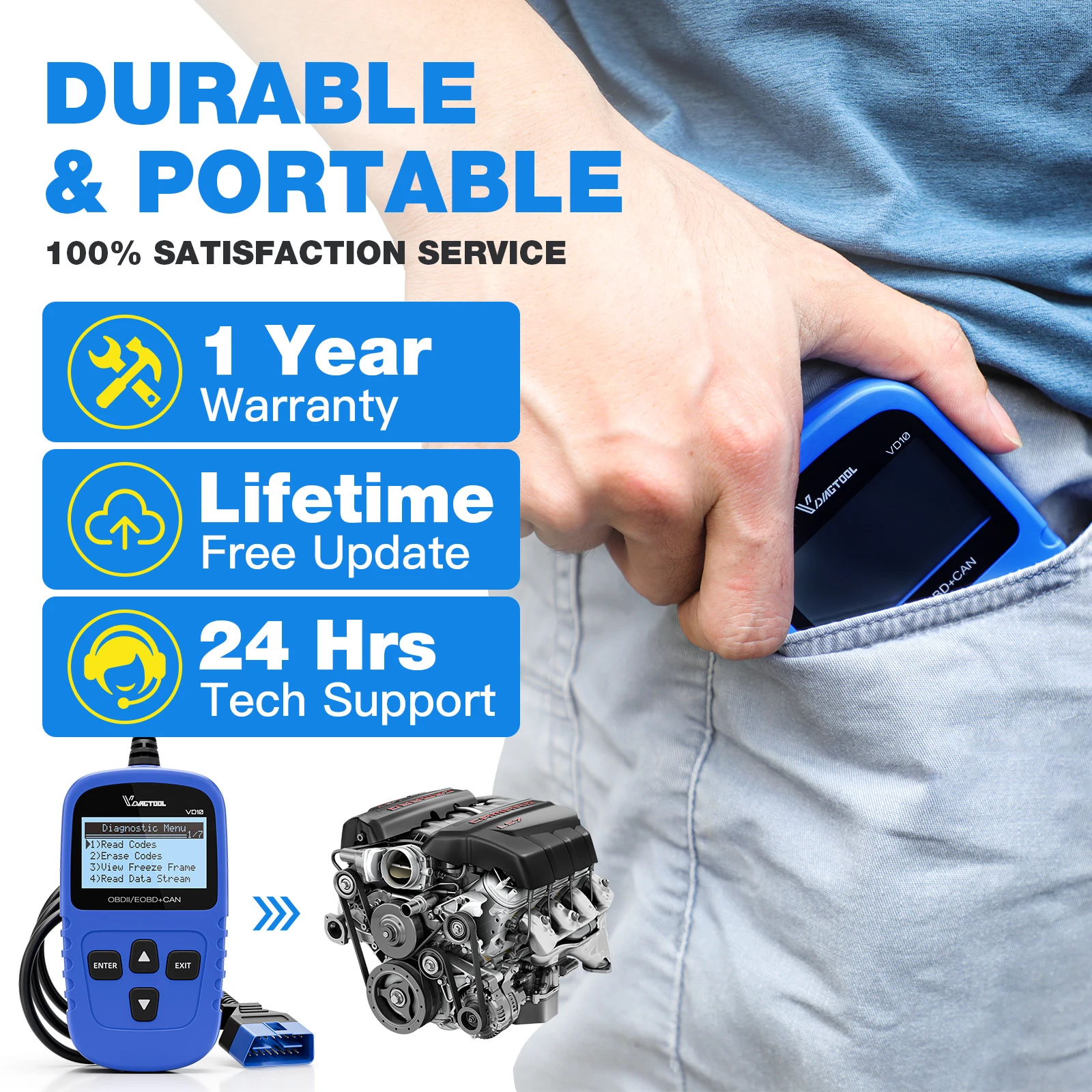 VDIAGTOOL VD10 OBD2 Scanner Strumento diagnostico Scanner automobilistico con lettore di codici di lettura I/M Controlla l\'aggiornamento gratuito a