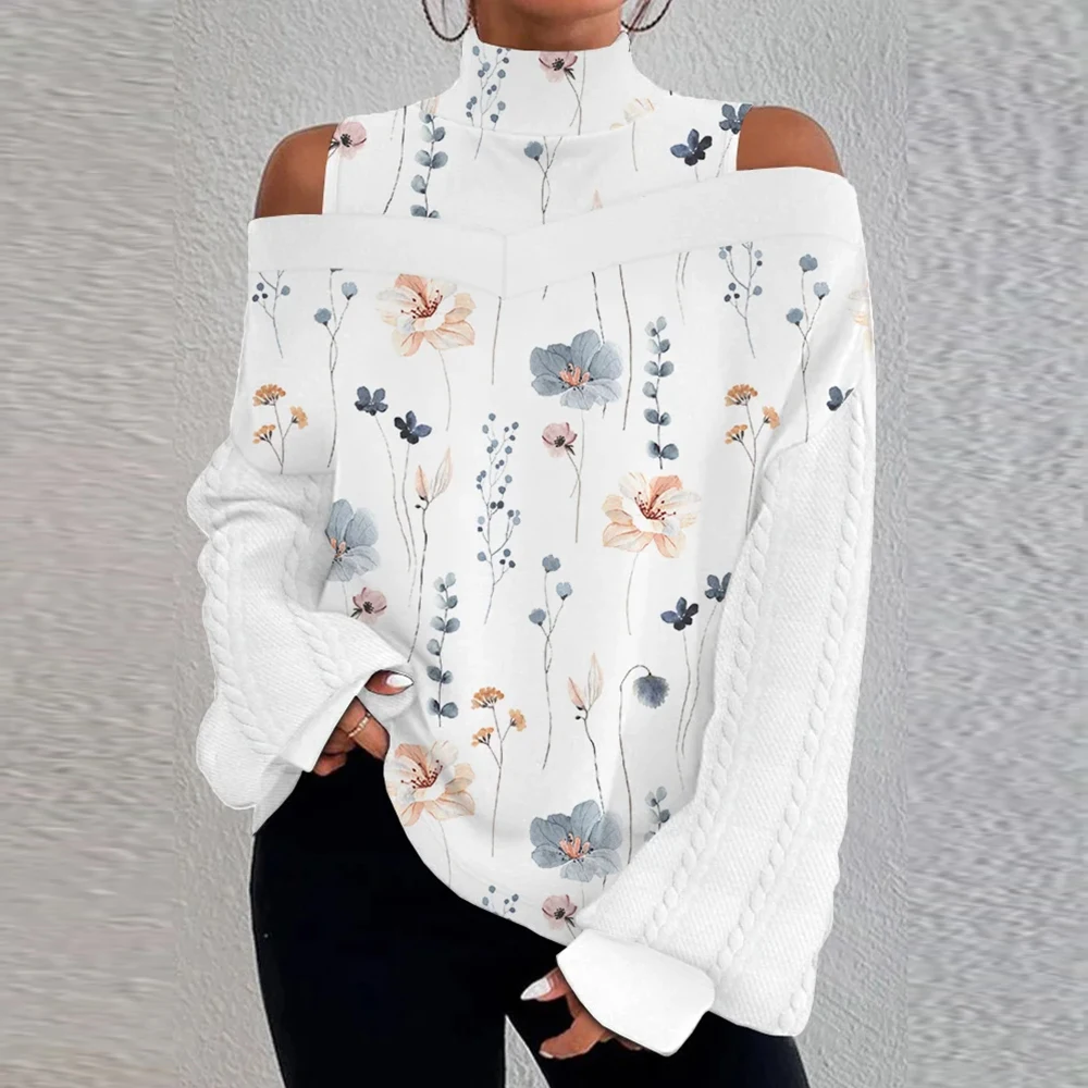 Damskie wiosenne topy na T-Shirt w kwiatowy wzór z odkrytymi ramionami damskie na szyję luźne bluza wkładana przez głowę odzież Plus Size 2024