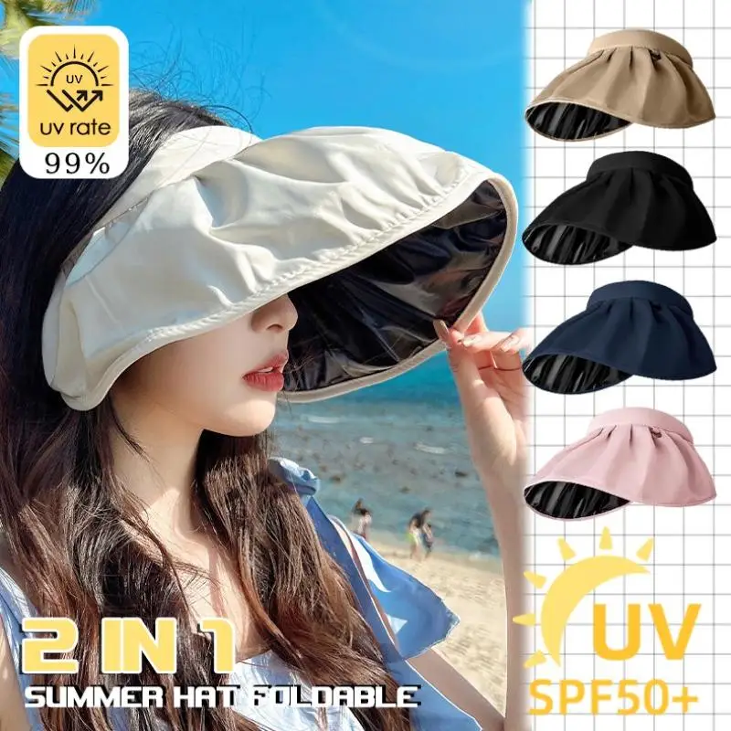 Foldable Summer Cap for Women Wide Brim Sunsreen Sun Hat Uv Protection 2 in 1 Roll-up Shell Hat Outdoor Beach Travel Visor
