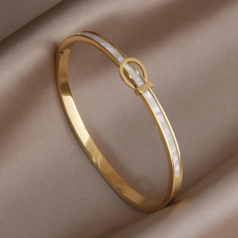 Classic Stainless Steel Metal Belt Open Bangles for Women Fashion Brand Jewelry Shell Bracelets Party Accessories Gifts image 3
