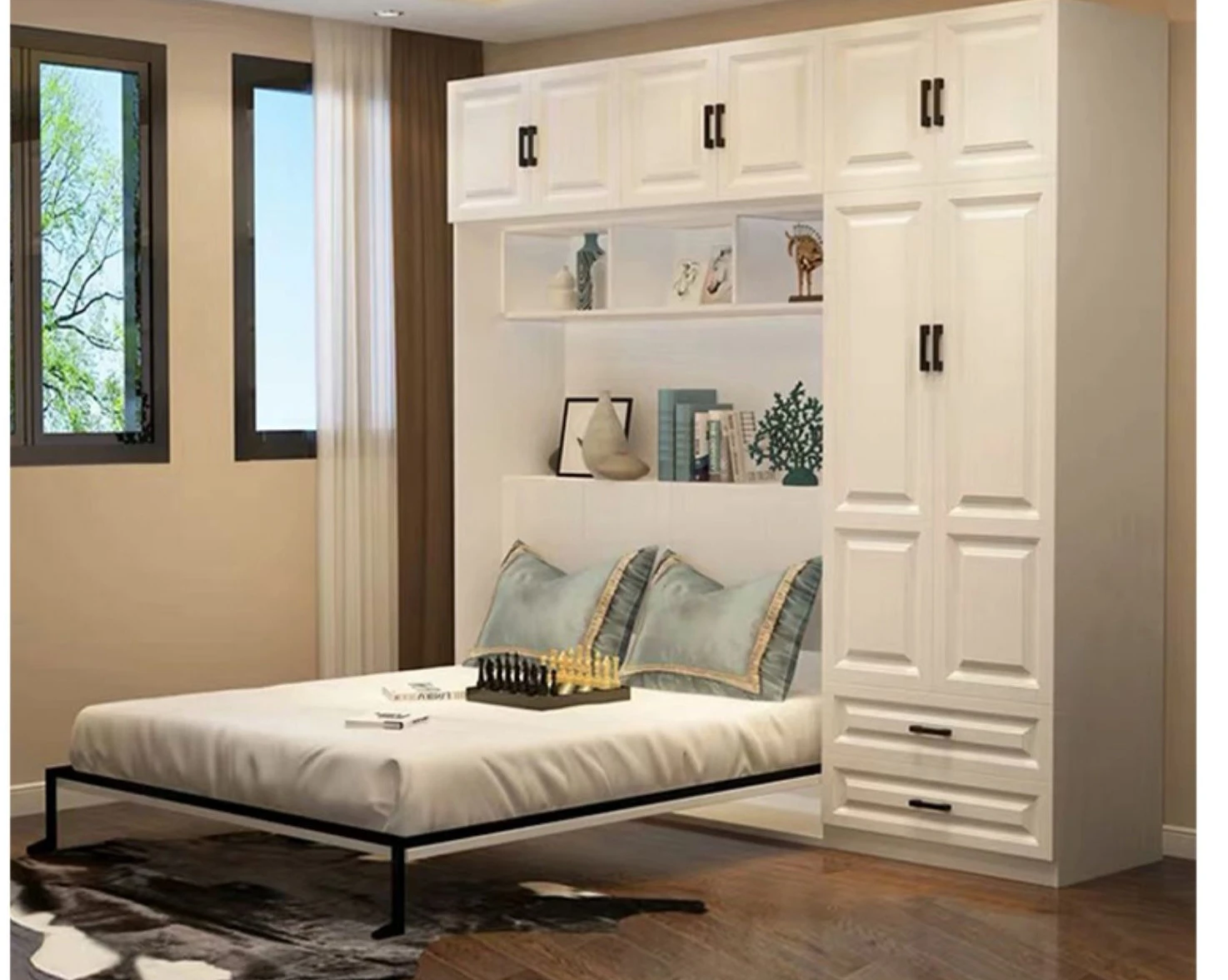 Multi-functional invisible bed, folding Murphy bed, hidden wall bed, study wardrobe, integrated side flap bed frame,