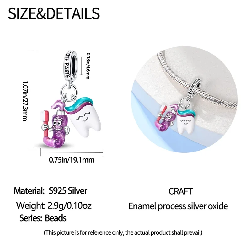 925 Sterling Silver 2Pcs Teeth Care Charms Beads Zircon Dangle Fit 3mm Original Bracelet DIY Women Party Jewelry Gifts view 5