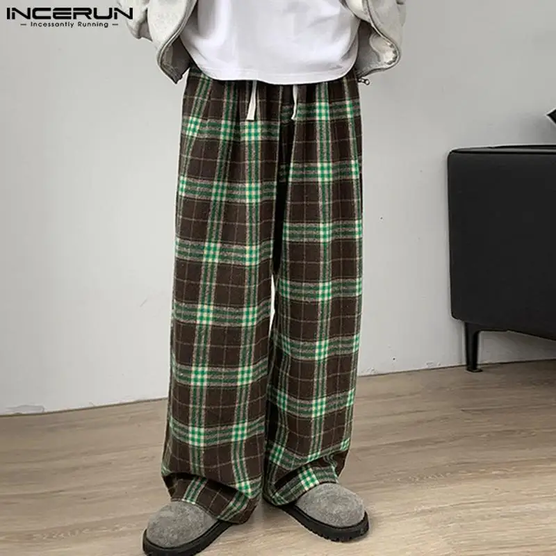 INCERUN 2024 Korean Style New Men's Trousers Fashion Street Long Pant Loose Casual Color Blocking Plaid Wide Leg Pantalons S-5XL