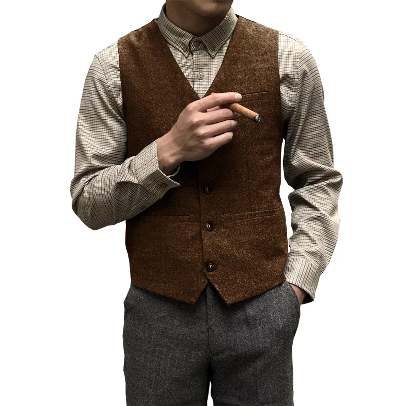 Plus Size Men\'s Suit Vest Dark Gray V Neck Herringbone Wool Tweed Groom Jacket Vintage Steampunk Vest Waistcoat for Male Wedding