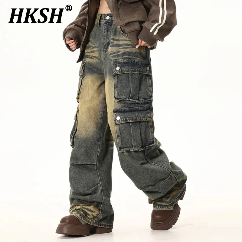 HKSH Waste Land Washing Vintage Pockets Safari Style Jeans Men's Tide Punk Trendy Streetwear Pleated Straight Denim Pants HK0882