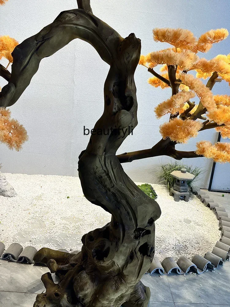 

53New Chinese Simulation Yellow Welcome Pine Landscape Root Carving Wooden Staircase Store Fake Trees