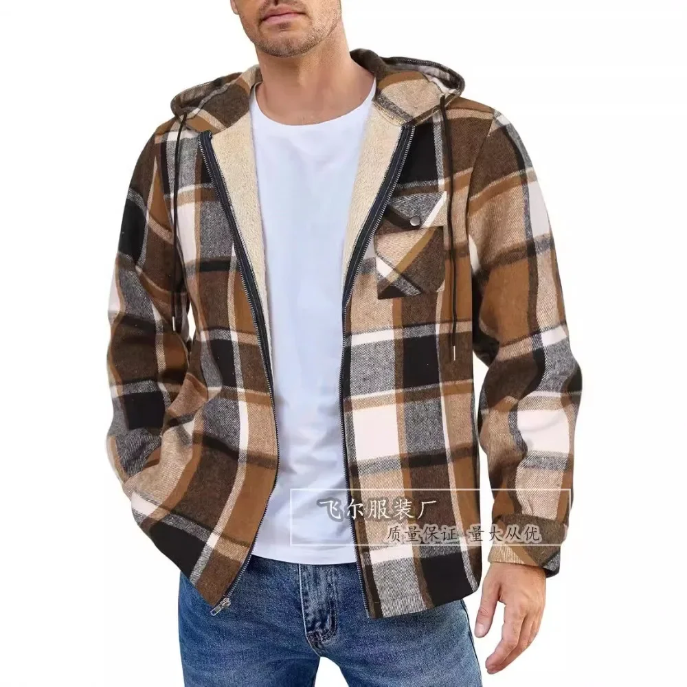 

Winter Thick Warm Flannel Hooded Jacket Mens Sherpa Fleece Lined Coats Button Casual Plaid Shirt Jacket for Male Pockets Outerwe