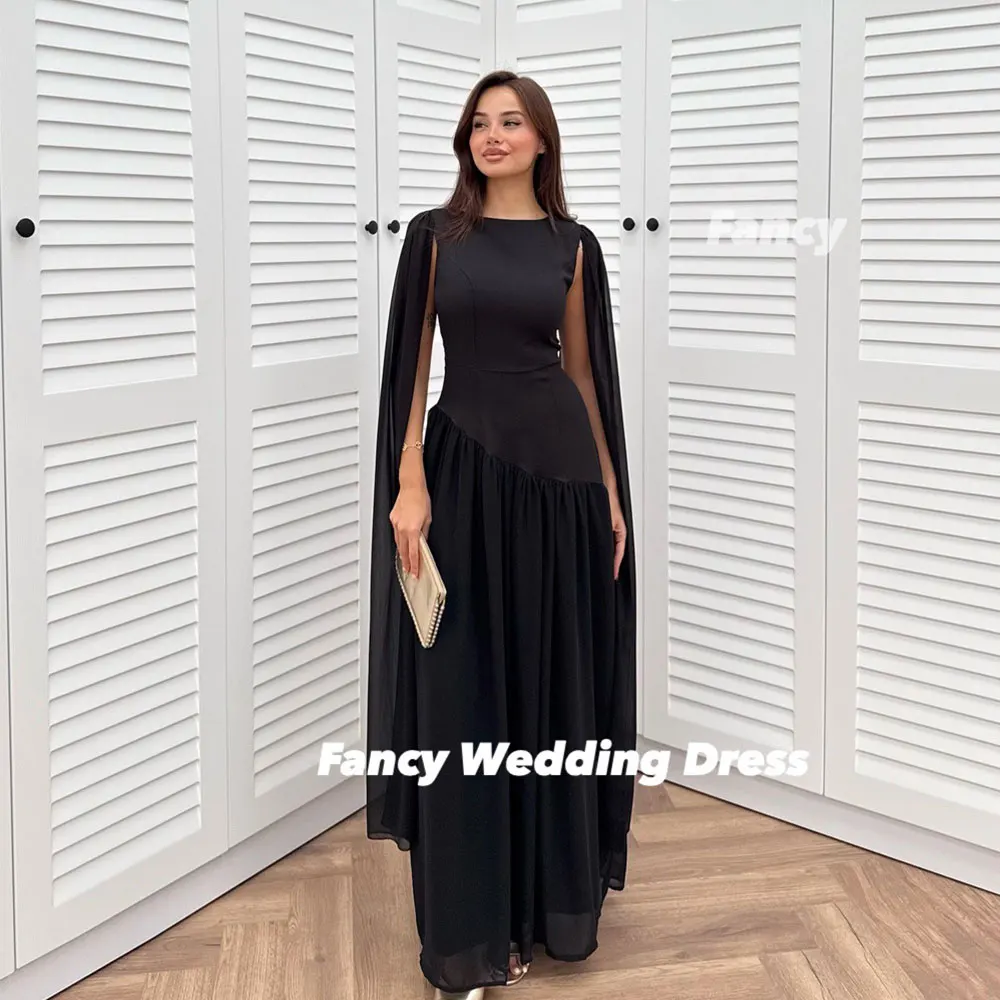 Robe de soirée fantaisie et gracieuse, col rond, ligne A, en Satin élastique, robe de bal, arabie saoudite, avec Long châle, fermeture éclair au dos, personnalisée