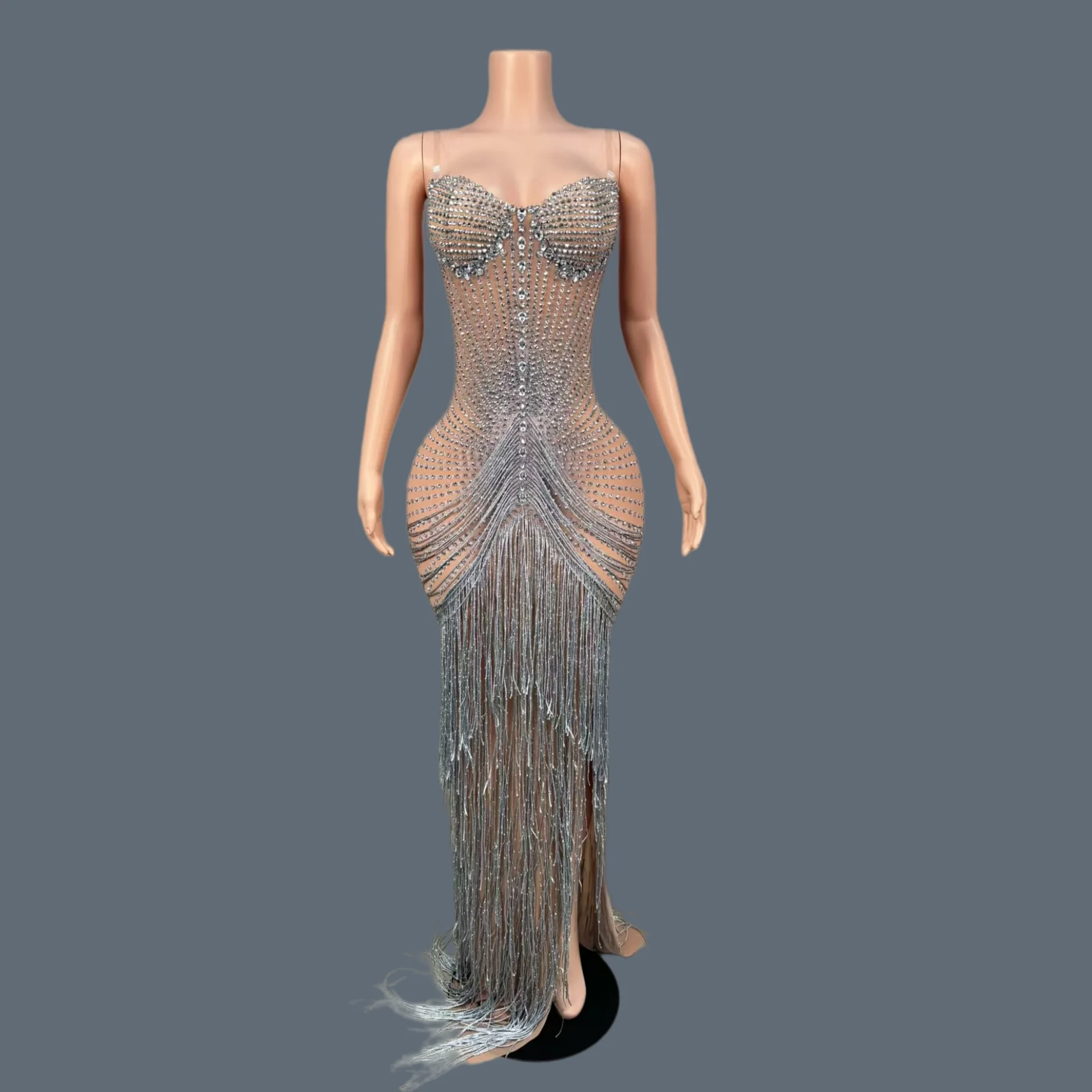 

Luxury Sparkly Crystals Fringe Formal Evening Gown Sexy Strapless Sheer Mesh Mermaid Dress Club Stage Show Party Outfit Longxu