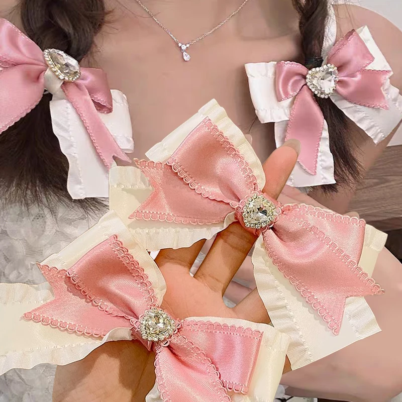 Fashion Pink Barrettes Women Ribbon Bowknot Hairslide Diamond Heart Bow Hairpin Cute Lolita Girl Hair Clip Headwear Accessories