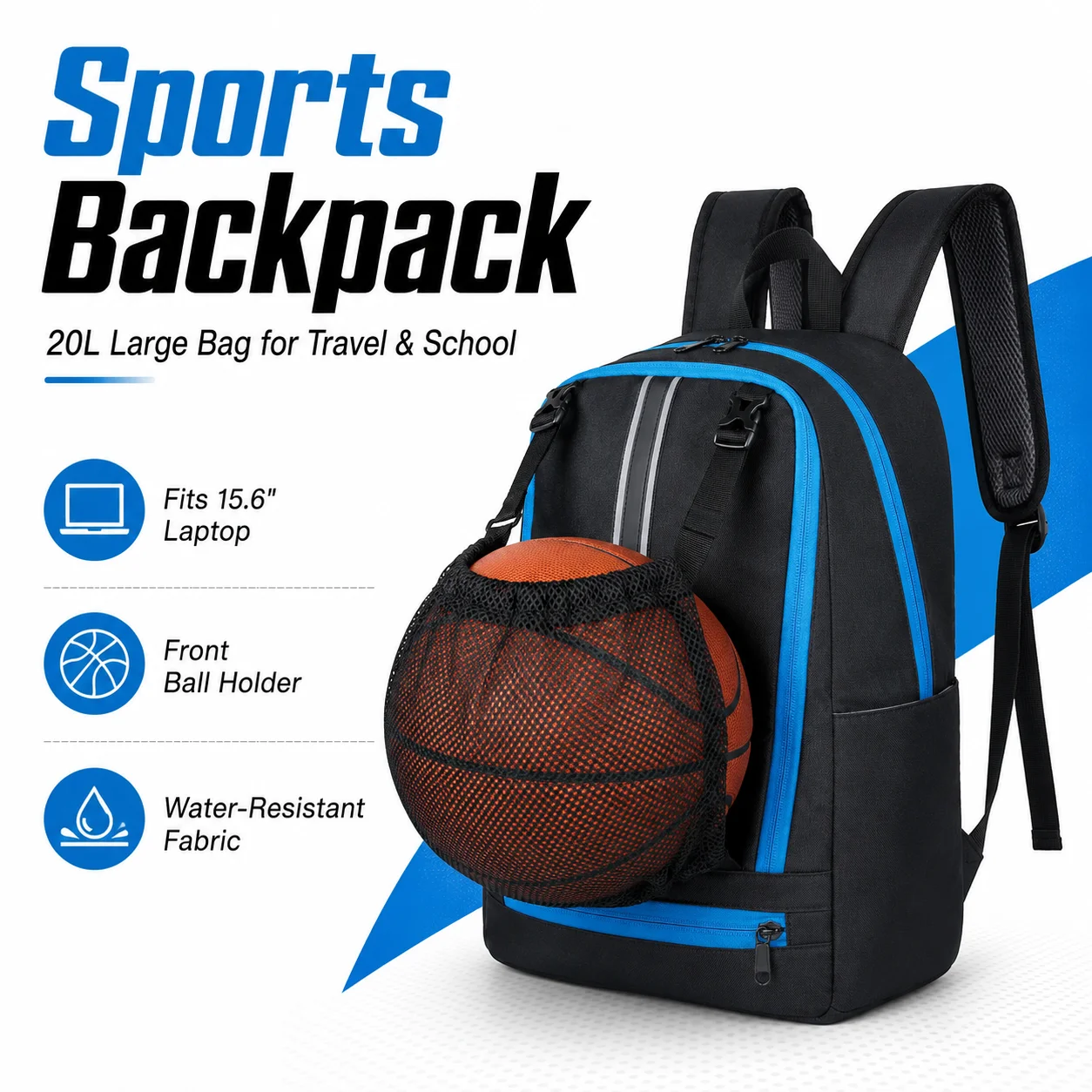 

Sports Backpack with Basketball Holder 20L Large Bag for Travel & School Laptop