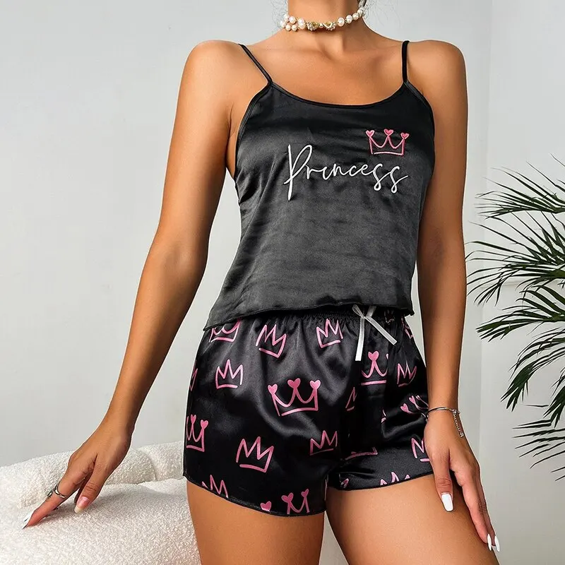 Pajamas Womens Sexy Lingerie Satin Sleepwear Silk Cami Shorts Set Soft Sleep Pjs 2 Piece Nightwear Print Pajamas Mujer Homewear