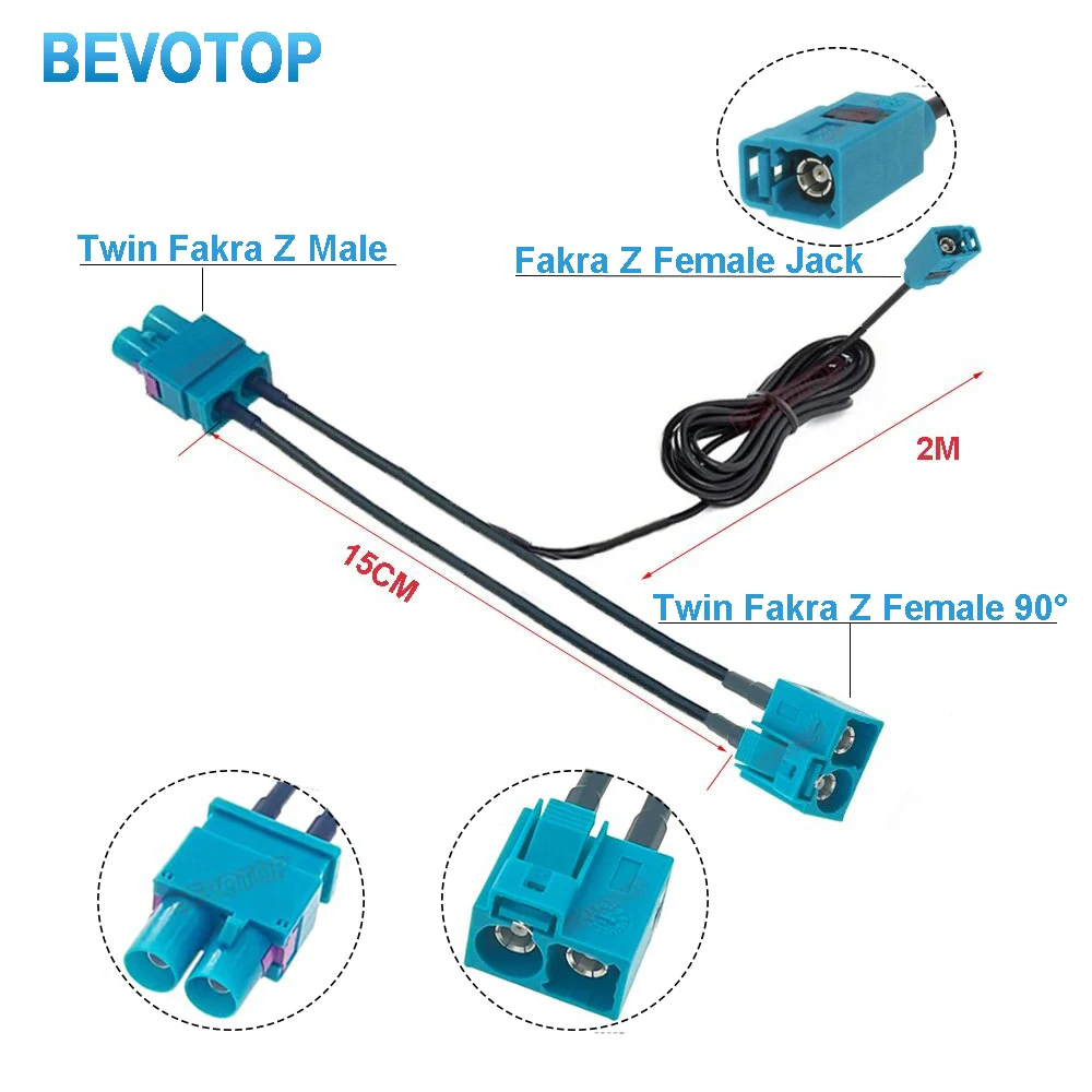 1PCS Twin Fakra Z Male Female to Fakra Z 15CM + 2M Splitter cables With Diode Custom-made RF Coaxial Cable Junper BEVOTOP