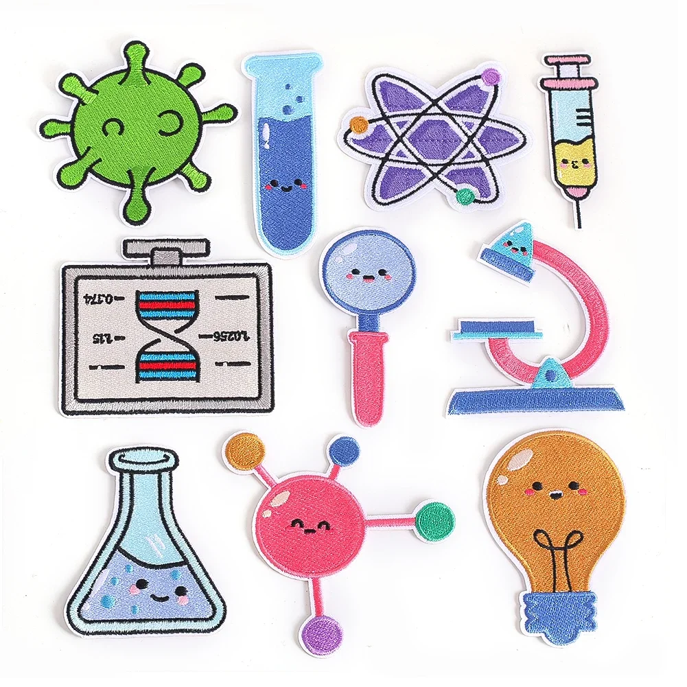 10PCS Cartoon Laboratory Patches Biology Chemistry Lab Iron on Embroidered Applique Scientist Experiment Virus DIY Clothes Badge