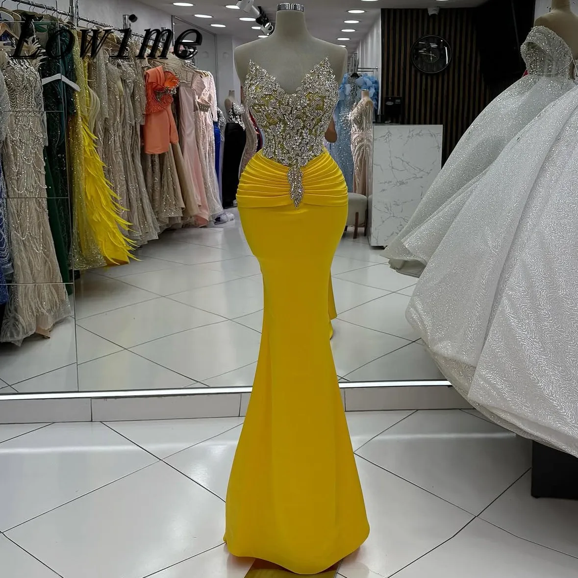 

Fashion Bright Yellow Evening Gowns Prom Dress Crystal Satin Mermaid Party Dresses Custom Made Vestidos de noche