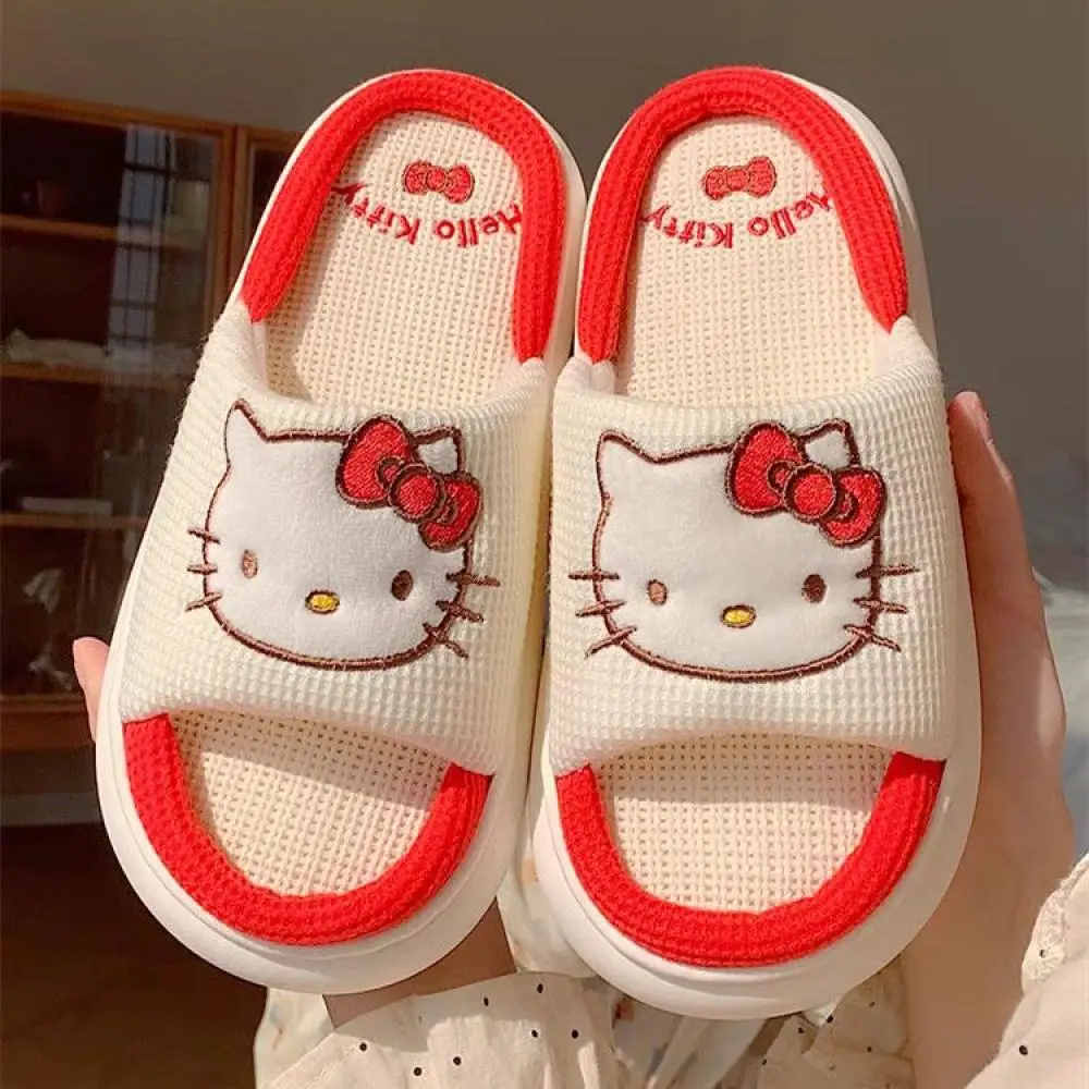 Cartoon Linen Slippers Sanrioed Hello Kitty Anime Kawaii Kuromi Cute Home Shoes Girls Non-Slip Thick Sole Shoes Summer Sandals