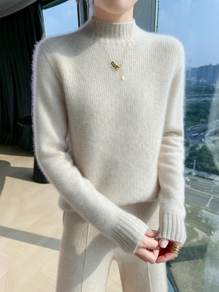 

Daily Pullover Knit Autumn Winter Sweater Women's Clothes 100% Merino Wool Sweater Half High Collar Pullover Weaving Pattern Top