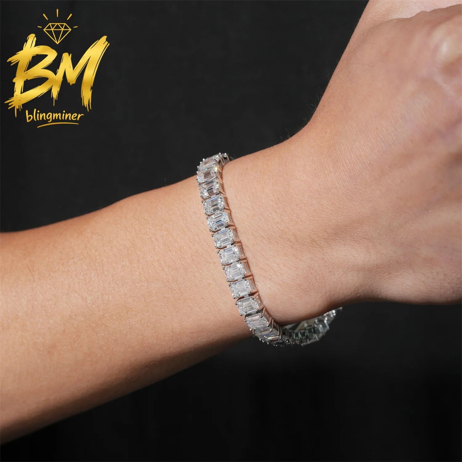 Blingminer 5x7mm Emerald Cut VVS Moissanite Tennis Chain Bracelet For Men Women S925 Silver Jewelry Pass Diamonds Tester GRA
