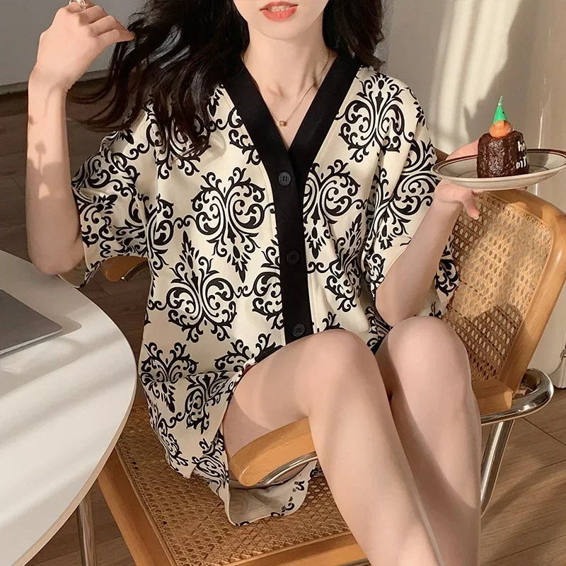 Korean Pajamas Set for Women Summer Loungewear Sleepwear Girls Sweet Lapel Pyjama Kawaii Bear Printed Pijamas Japanese Home Suit