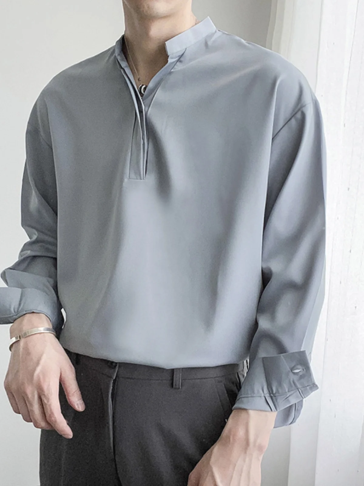 

Ele Stand Collar Men's irt f Open Button Design Long Sve Smooth Cool Thin Overhead No Iron Trendy Casual irt