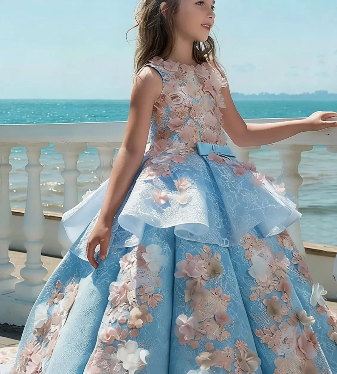 

Luxury Customized Kid Birthday Party First Communion Gowns Sleeveless 3D Applique Floor Lenght Flower Girl Dress For Wedding