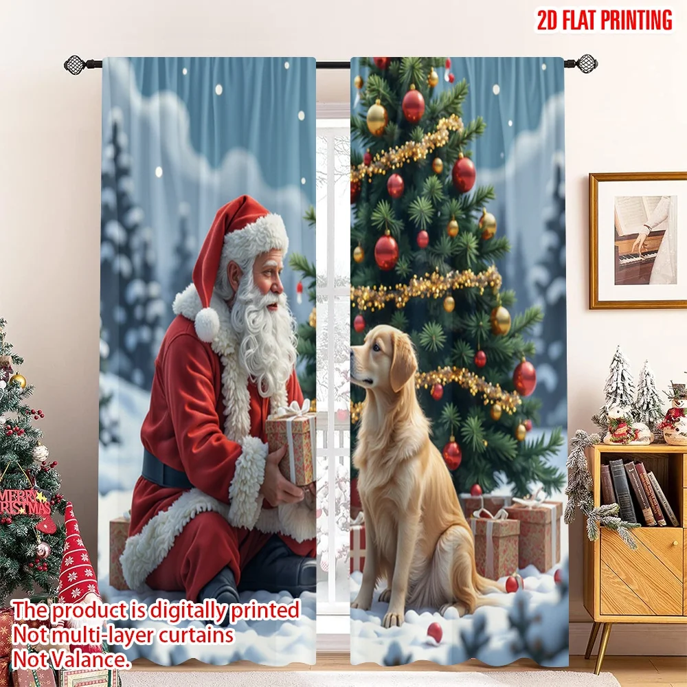 

2pcs 2D flat printing Merry Christmas Window Drapes Santa Dog Christmas Gift Polyester Without Electricity Festive Wall Decor