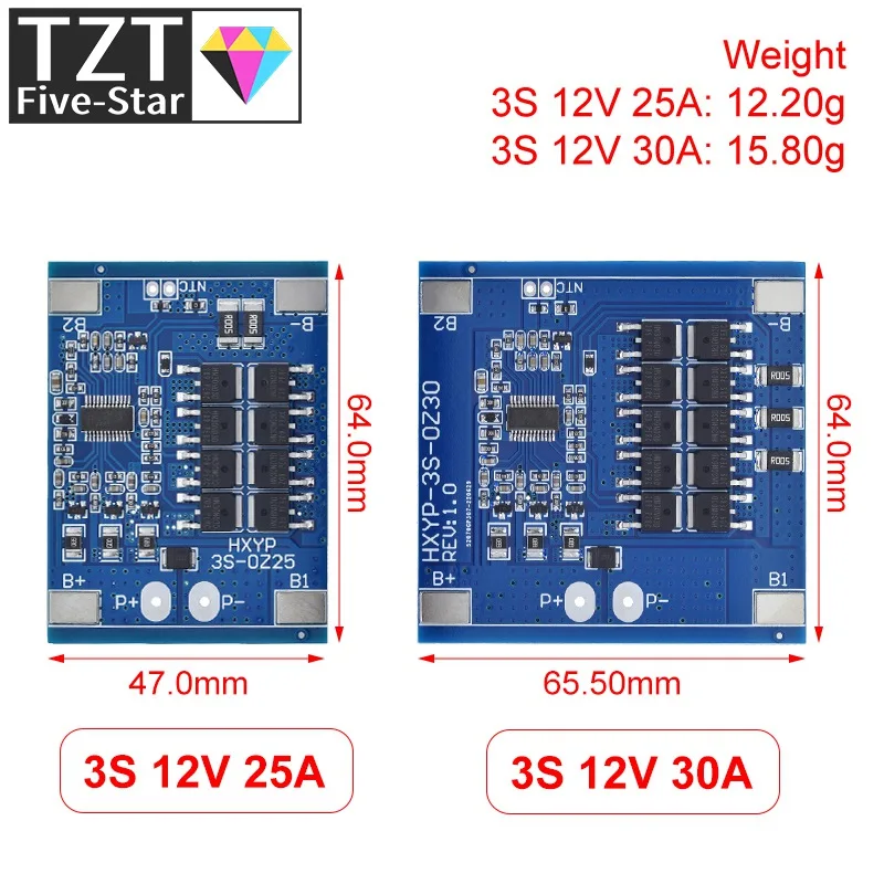 TZT 3S 12V 25A 30A BMS 18650 Lithium Battery Protection Board 11.1V 12.6V Anti-Overcharge With Balance And Temperature Control