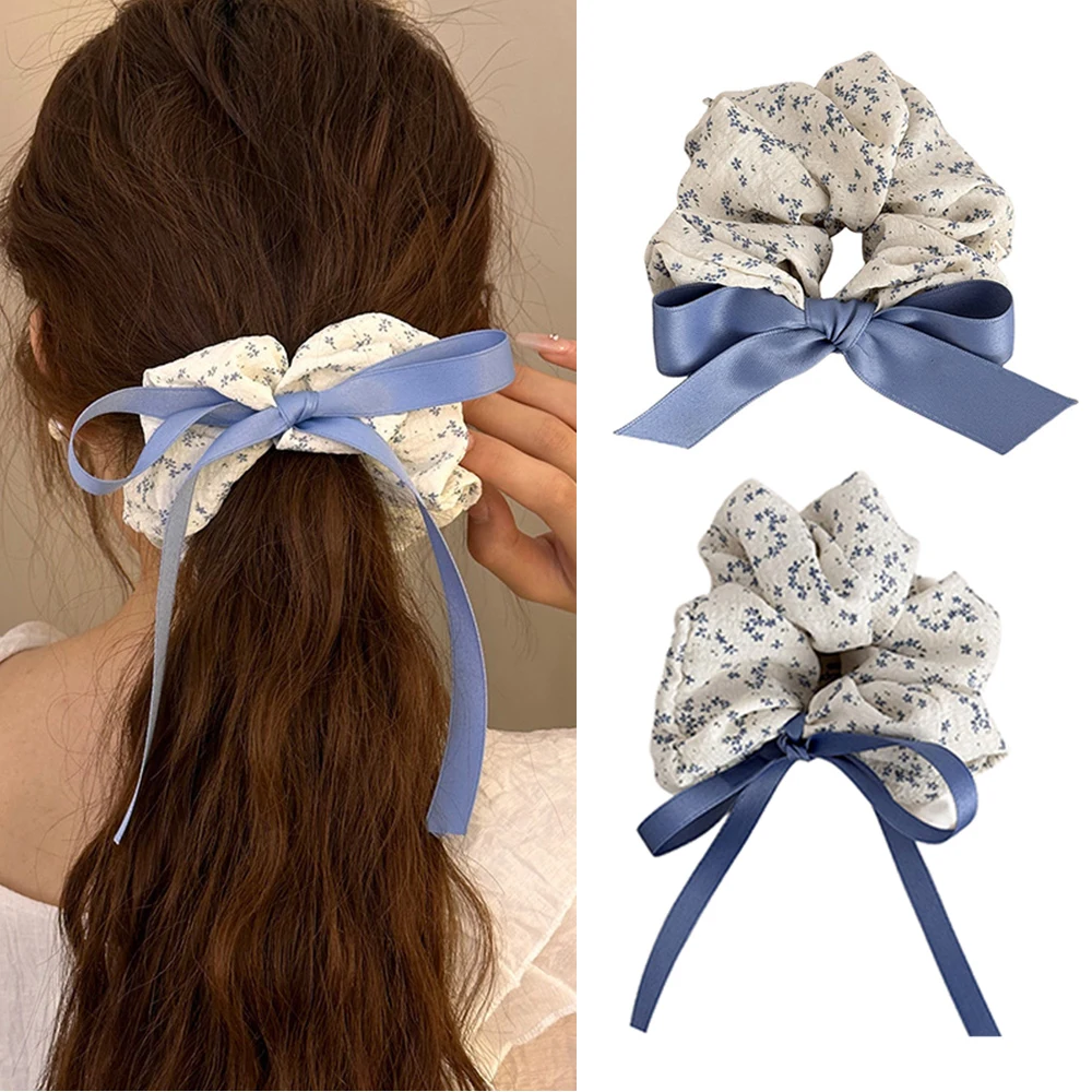 

New Korean Floral Large Satin Scrunchies Blue Hair Ring Elastic Solid Ponytail Hair Bands Bow Ribbons Hair Rope Hair Accessories