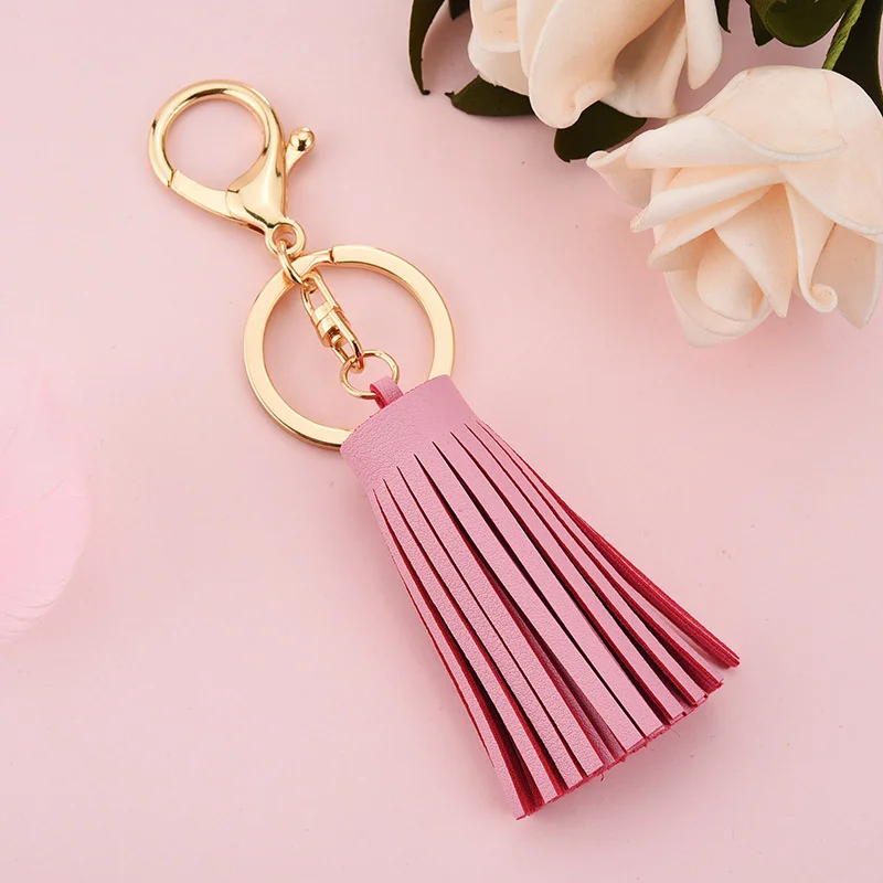WFFNNKC 2Pcs 6CM Fashion PU Leather Tassel Pendant Keychain Gold Color Lobster Decor Accessory DIY Car Key Ring Fringe Ornaments