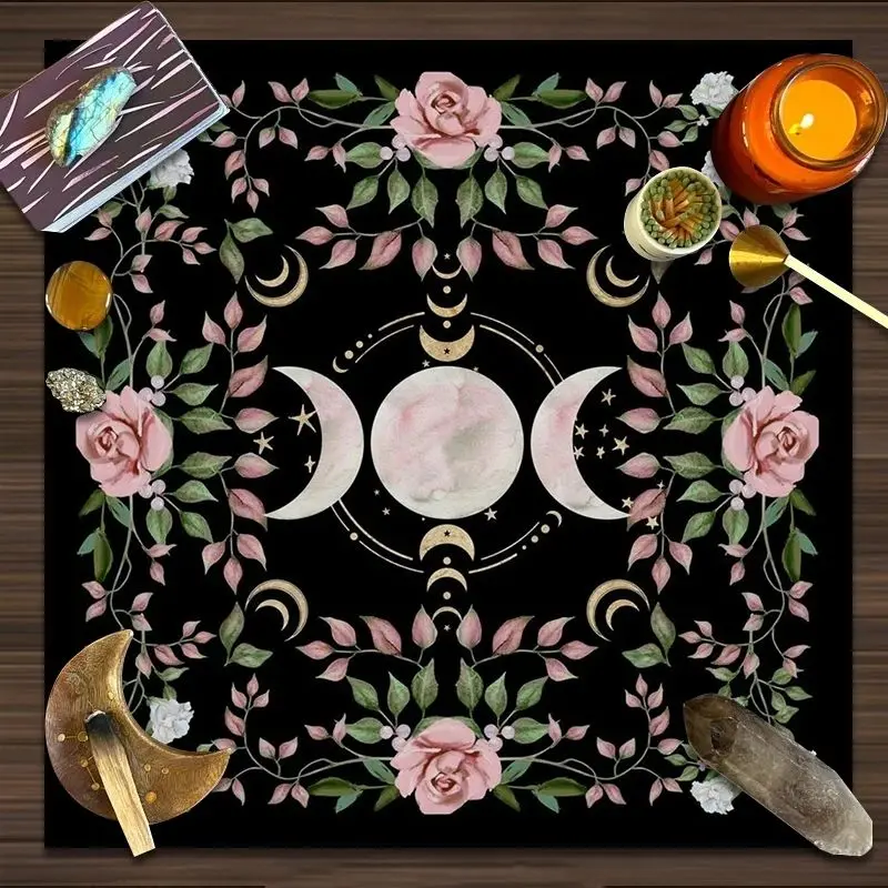 VIKAMA Pink Rose Triple Moon Tarot Tablecloth, Ceremony Altar Mat for Divination Card Reading Spiritual Decor