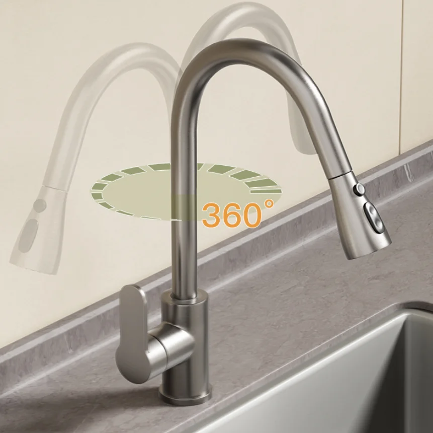 

Pull-out kitchen faucet with brass body, suitable for cold and hot water for washing vegetables, sink, and dishwashing.
