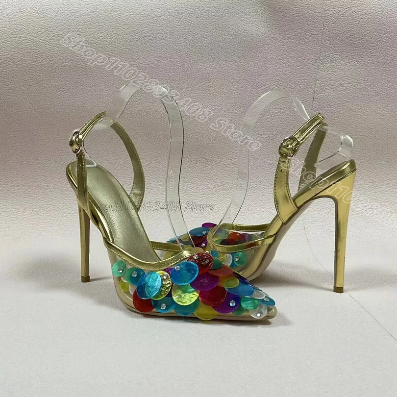 

Mixed Trim Sequin Slingback Sandals Pointed Toe Ankle Buckle British Style Personality Women Party Shoes Zapatos Para Mujere