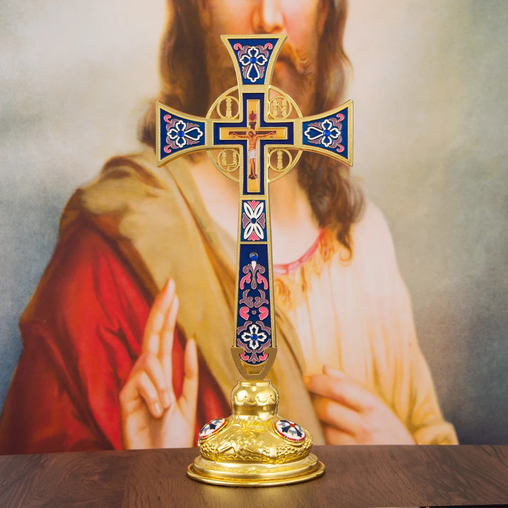 HTISOK Orthodoxes Altarkreuz im Byzantinischen Stil, Vergoldet, Emailliert, Stehendes Jesus-Kruzifix zur Kirchendekoration, Orthodoxes Kreuz – Detail 11