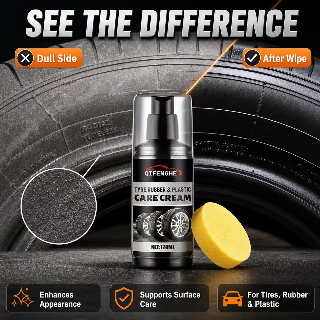 Tyre Rubber Plastic Care Cream 120ml Car Tire Shine Auto Trim Restorer Polish Sponge view 3