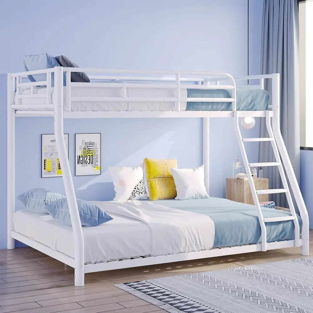 

White Twin Over Full Bunk Bed with Safety Rail and Ladder
