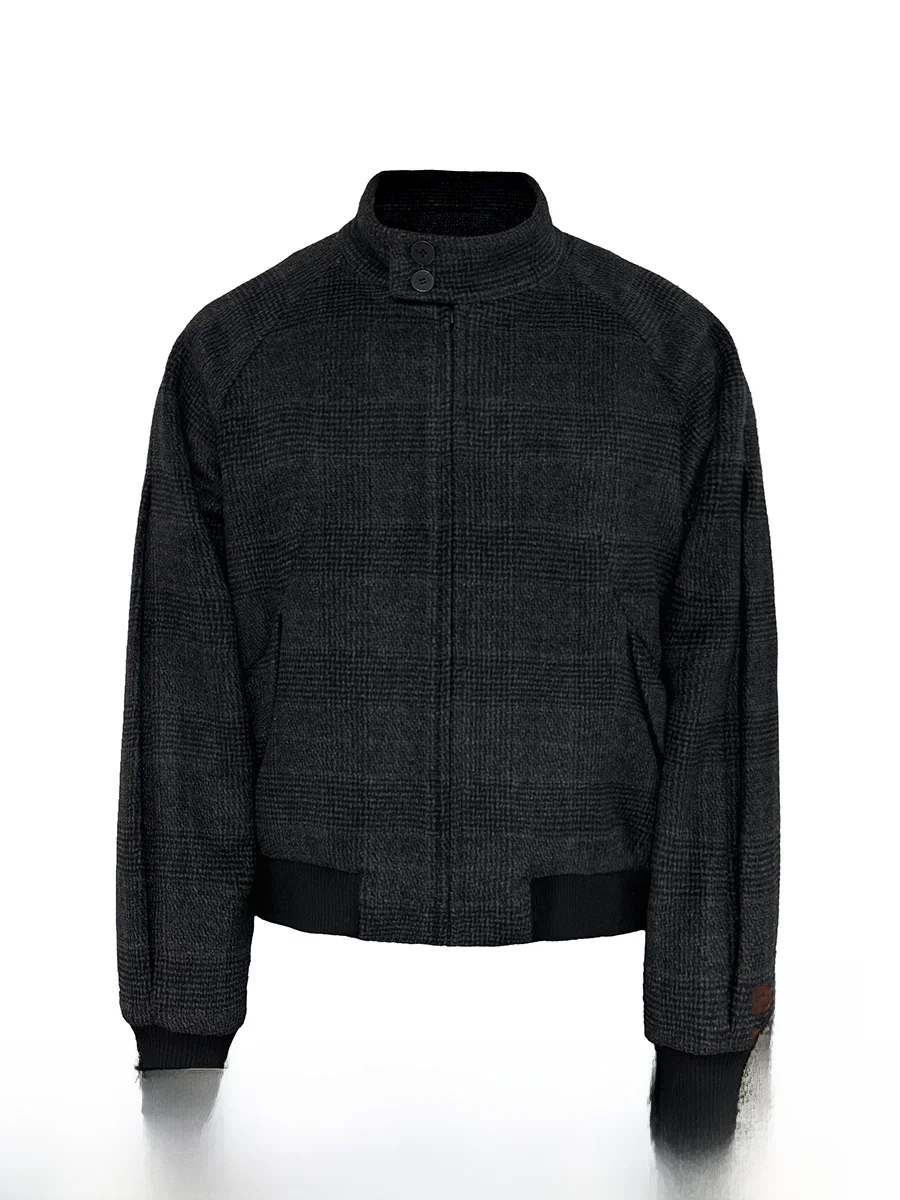 JCAESAR Woolen Herringbone Pattern Jacket Men's Loose Fit Long Sleeve Windproof Youth Short Coat Button Decorated Zipped Ches...