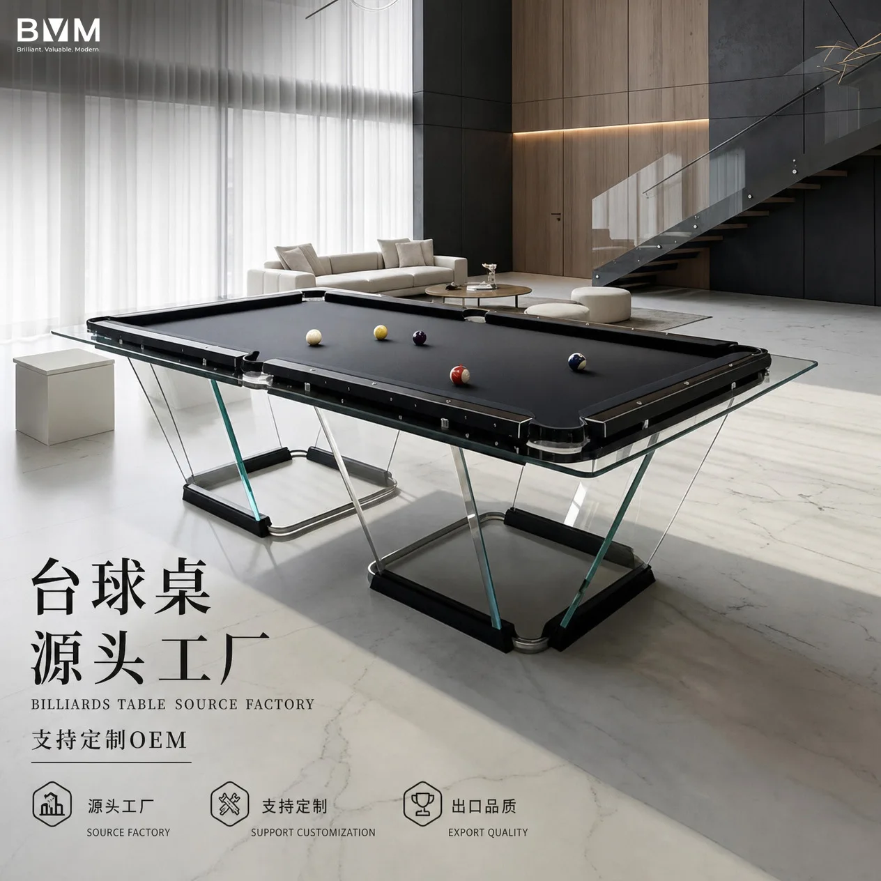 High-End American 8-Ball Pool Table, Clear Crystal Tempered Glass Acrylic, Home Billiard Table, Durable and Stylish