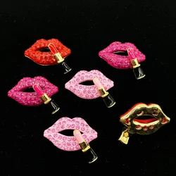 2Pcs Rhinestone Alloy Lipstick Button Red Pink Lips Accessories For DIY Crafts Headwear Brooch Pin Badge Bag Clothing Decoration