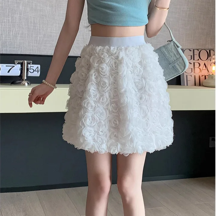 Elegant 3D Rose Petal Half Skirt High Waist Slimming A-Line Flower Bud Short Skirt Women's Fashion Chinese Style Summer Dress