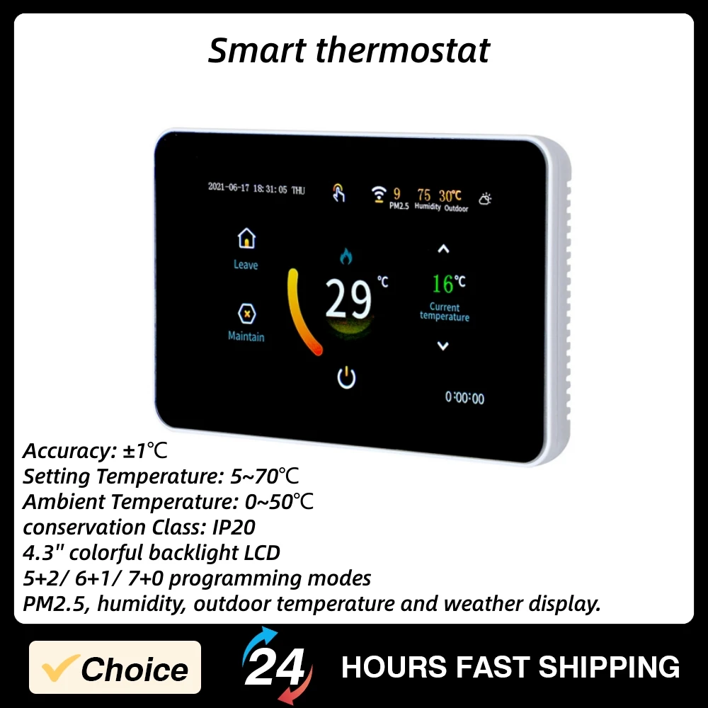 

Smart thermostat Programmable Electric Thermostat 4.3" Color LCD Touchscreen WiFi Digital Heating Thermostat