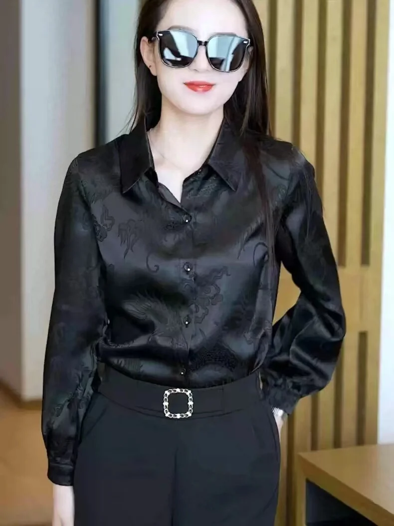 

Early Autumn 2024 Pure Color Satin Long Sve irt Women's Loose Fit Slimming Top Faion Versatile Button down irt